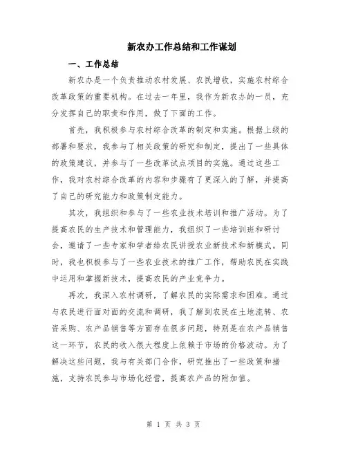新农办工作总结和工作谋划