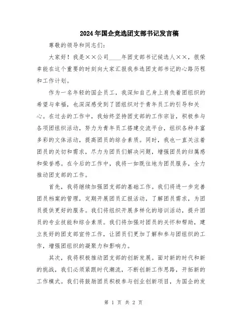 2024年国企竞选团支部书记发言稿