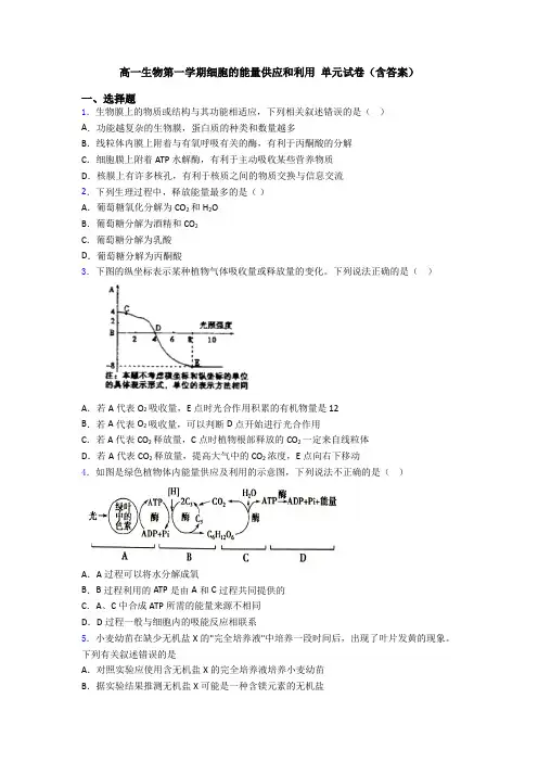 高一生物第一学期细胞的能量供应和利用 单元试卷(含答案)