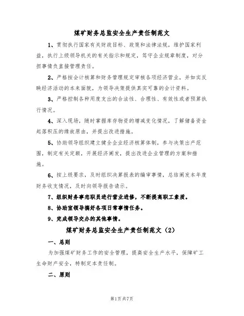 煤矿财务总监安全生产责任制范文（3篇）