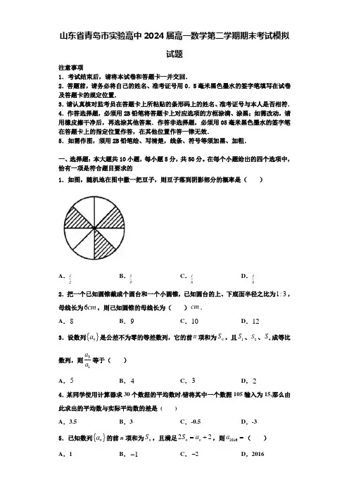 山东省青岛市实验高中2024届高一数学第二学期期末考试模拟试题含解析