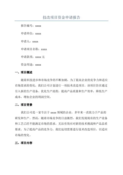 技改项目资金申请报告