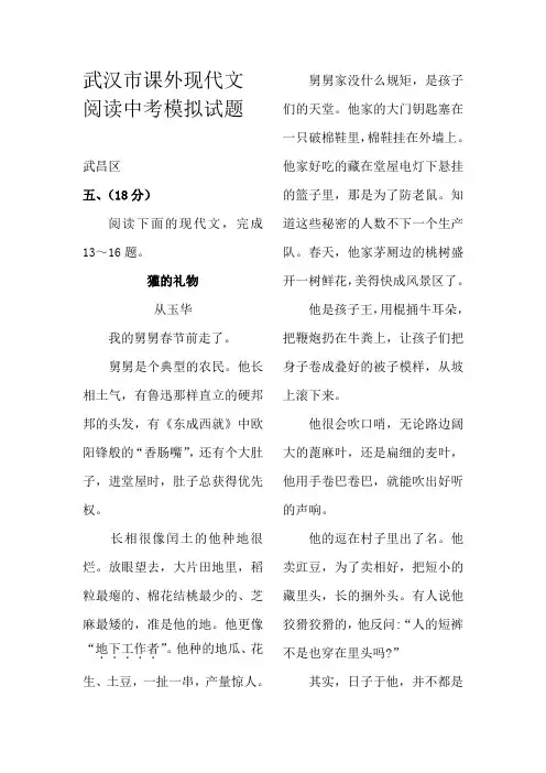 武汉市课外现代文阅读中考模拟试题