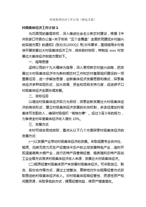 村级集体经济工作计划（精选5篇）