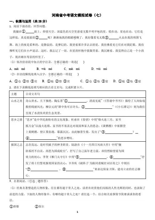 河南省中考语文模拟试卷(七)及答案