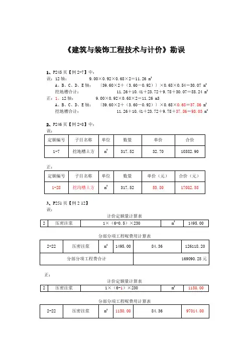 2014江苏省《建筑与装饰工程技术与计价》勘误