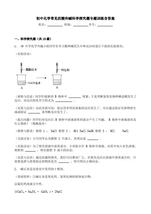 初中化学常见的酸和碱科学探究题专题训练含答案