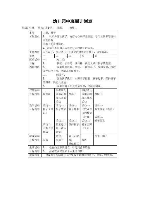 幼儿园中班周计划表(第九周)