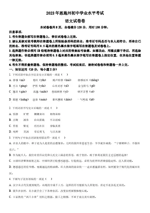 2023年湖北省恩施州市(初三学业水平考试)中考语文真题试卷含详解附写作范文