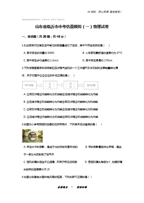 山东省临沂市中考仿真模拟(一)物理试卷及答案
