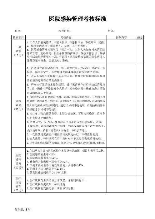 医院感染管理考核标准