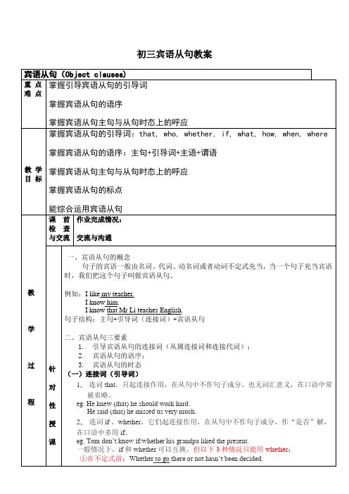 初中英语-宾语从句教案设计(含答案)