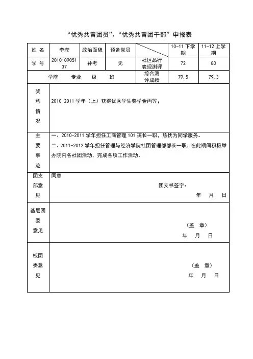 “优秀共青团员”“优秀共青团干部”申请表