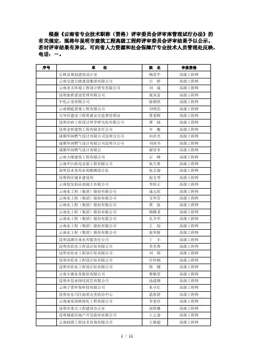 的有关规定,现将年昆明市建筑工程高级工程师评审委