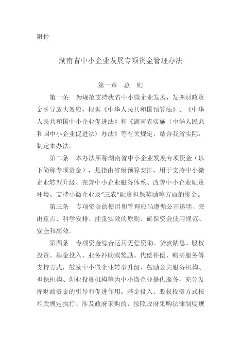 湖南省中小企业发展专项资金管理办法