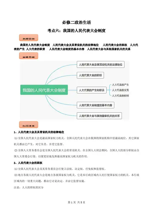 2022年高考政治知识核心识记背(必修2) 考点06 我国的人民代表大会制度