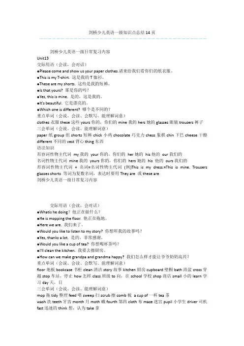 剑桥少儿英语一级知识点总结14页