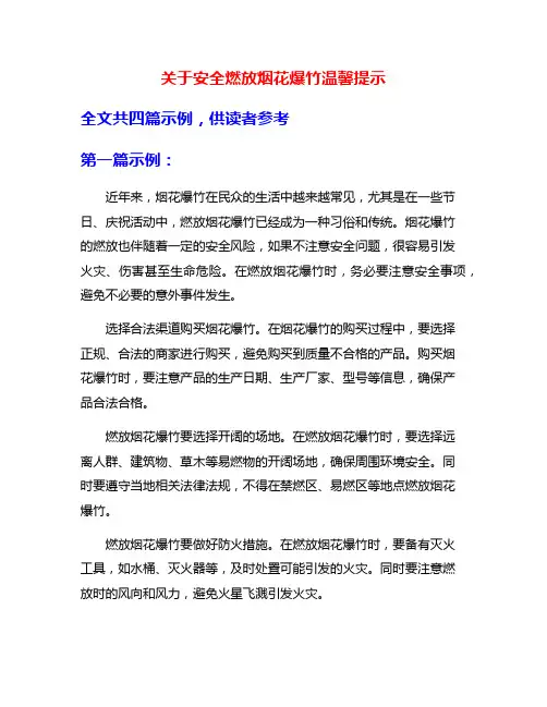 关于安全燃放烟花爆竹温馨提示