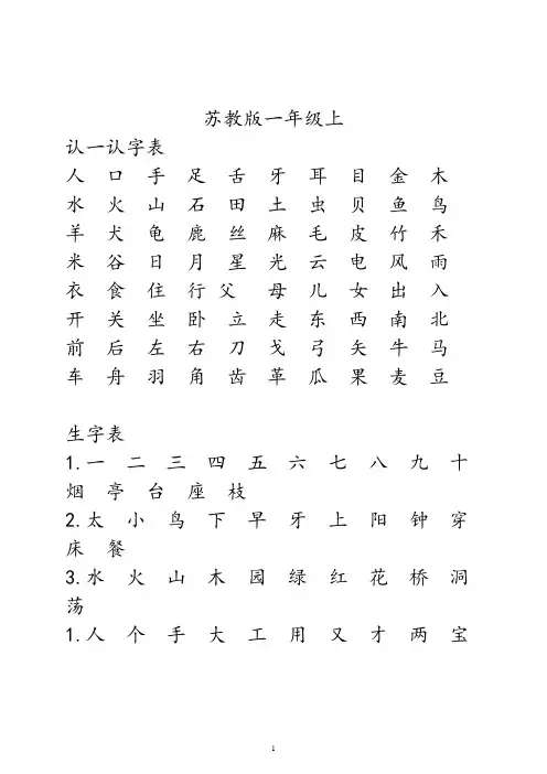 苏教版小学语文教材一至三年级生字表