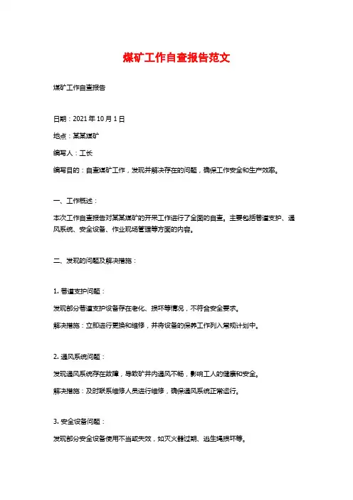 煤矿工作自查报告范文 (2)