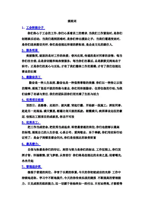 公司会各奖项颁奖词