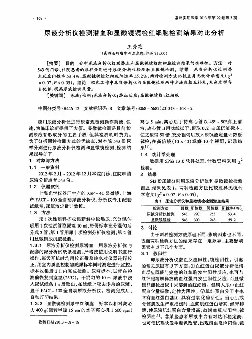 尿液分析仪检测潜血和显微镜镜检红细胞检测结果对比分析