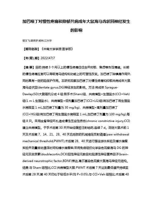 加巴喷丁对慢性疼痛和抑郁共病成年大鼠海马齿状回神经发生的影响