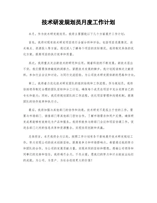 技术研发规划员月度工作计划
