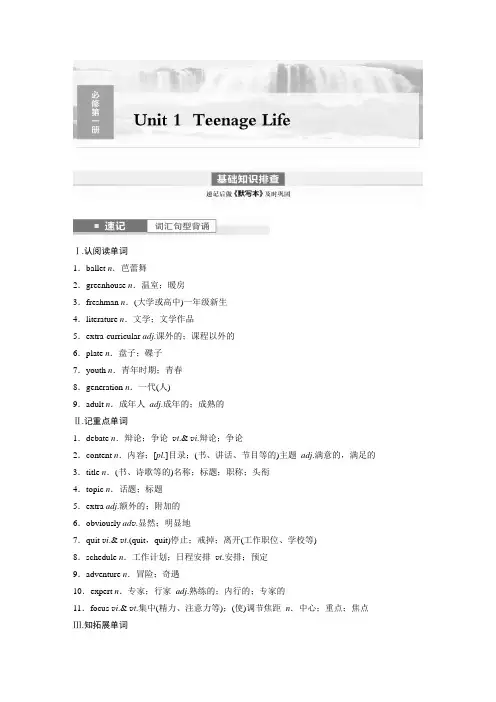 2024年高考英语一轮复习第1部分 教材知识解读 必修第一册 Unit 1 Teenage Life