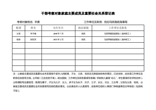 干部考察对象家庭主要成员及重要社会关系登记表