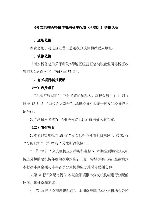《分支机构所得税年度纳税申报表（A类）》填报说明