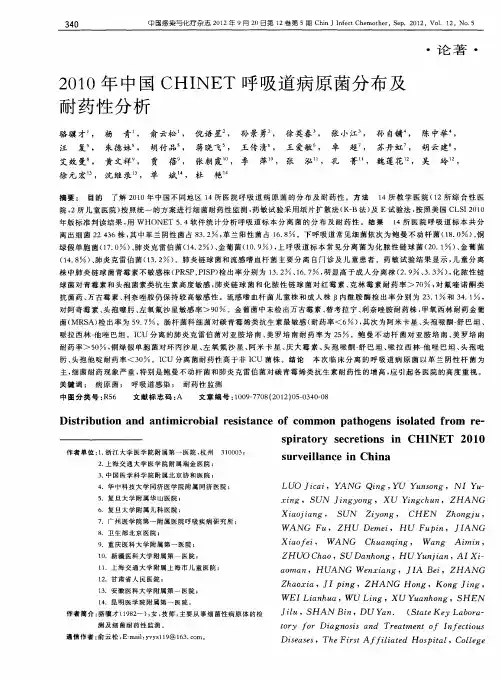 2010年中国CHINET呼吸道病原菌分布及耐药性分析