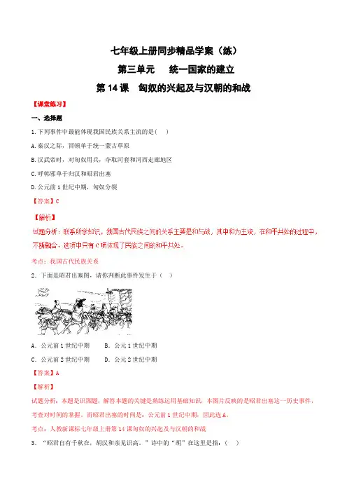专题14 匈奴的兴起及与汉朝的和战(练)-2015-2016学年七年级历史同步精品课堂(上册)(解析版)