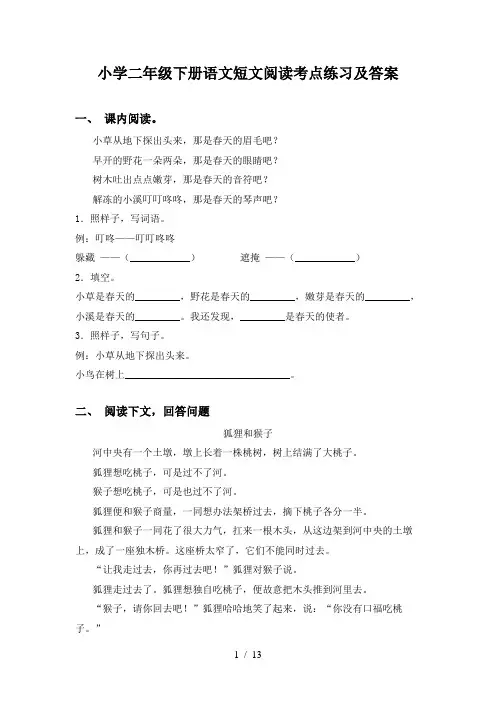 小学二年级下册语文短文阅读考点练习及答案