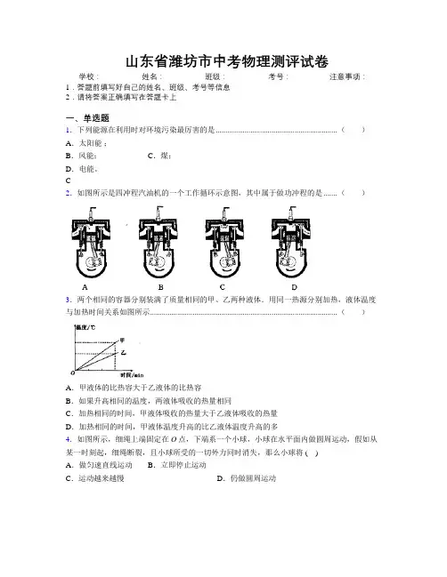 最新山东省潍坊市中考物理测评试卷及解析