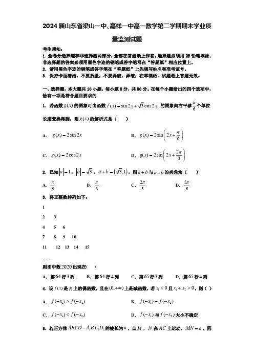 2024届山东省梁山一中、嘉祥一中高一数学第二学期期末学业质量监测试题含解析