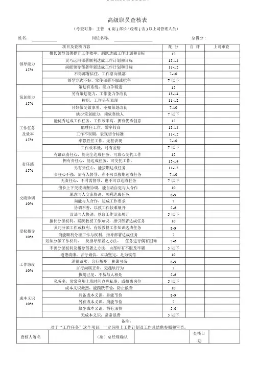 各部门绩效考核表格汇总