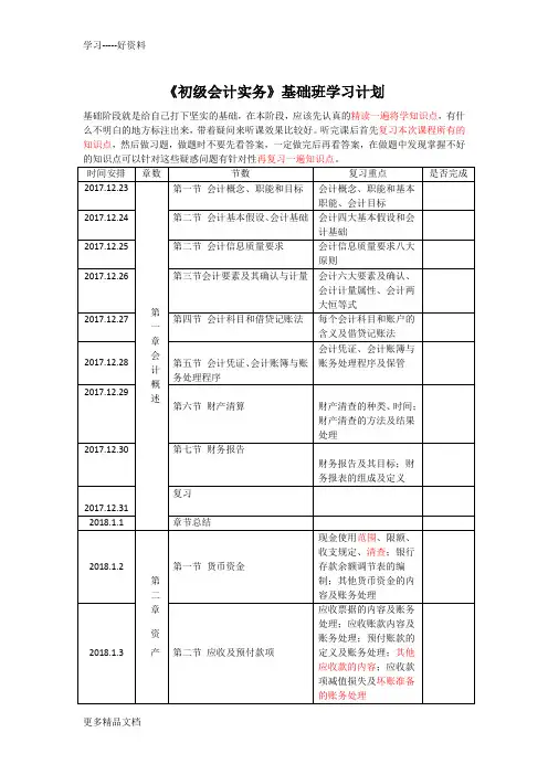 最新初级会计实务复习计划表