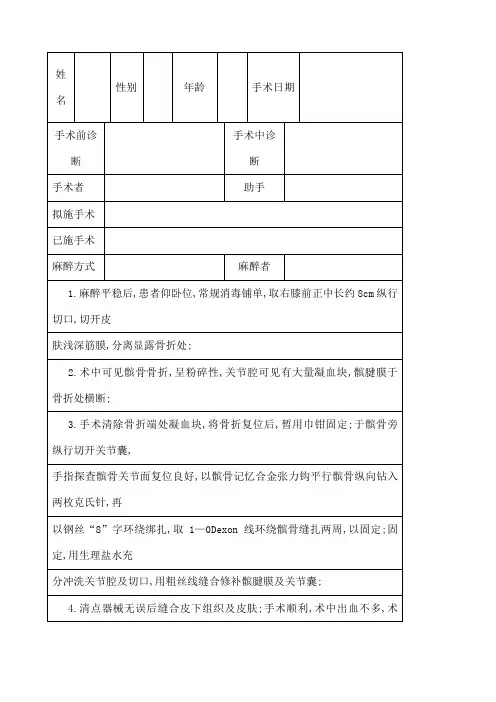 髌骨骨折内固定手术记录