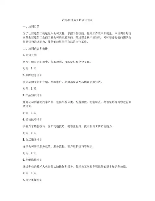 汽车新进员工培训计划表