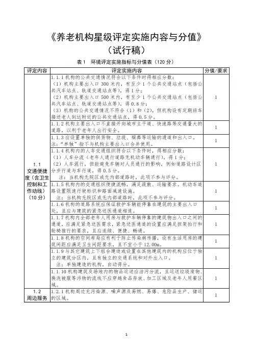 《养老机构星级评定实施内容与分值》(试行稿)