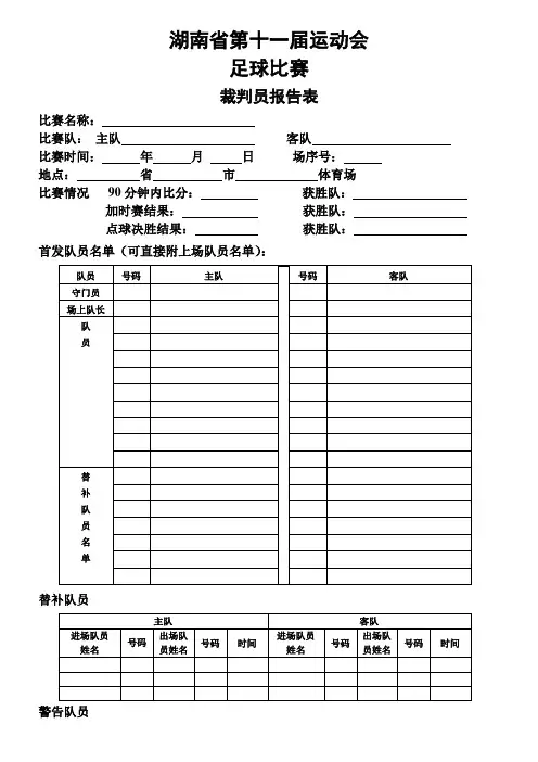 足球比赛专用表格——裁判员报告表