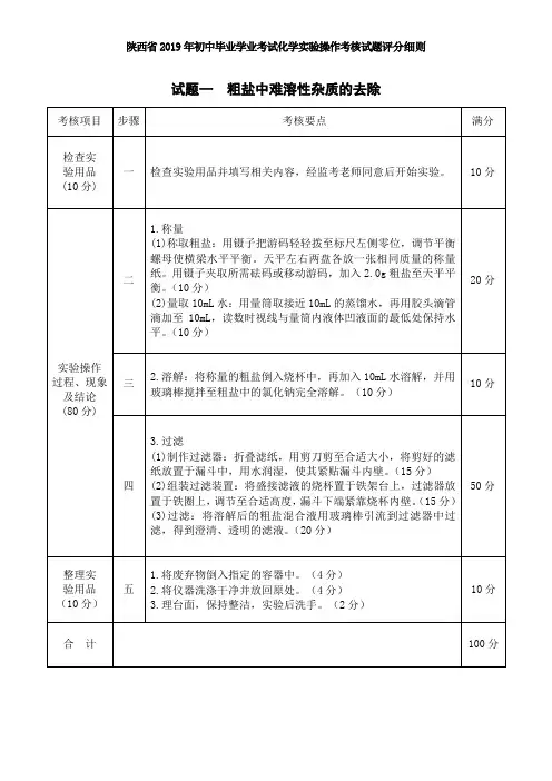 2019中考实验操作试题化学评分细则