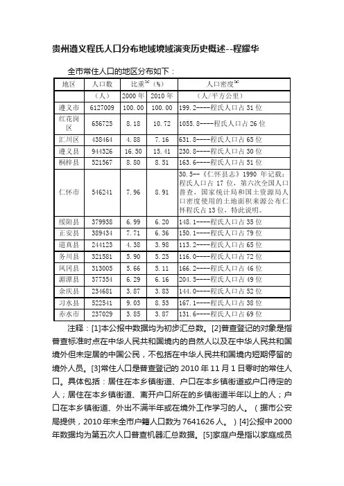 贵州遵义程氏人口分布地域境域演变历史概述--程耀华