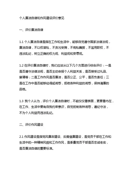 个人廉洁自律和作风建设评价意见