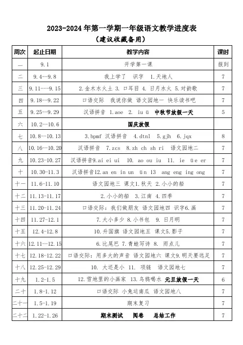 2023-2024年一年级第一学期教学进度表