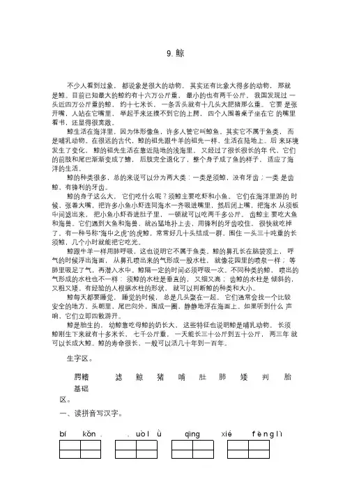 人教版五年级(上册)语文9.鲸同步练习(附答案)