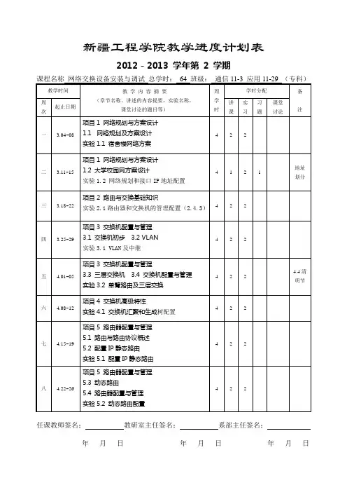 新疆工程学院教学计划登记表(路由与交换实用技术授课计划)