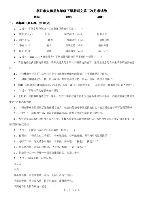 阜阳市太和县九年级下学期语文第三次月考试卷