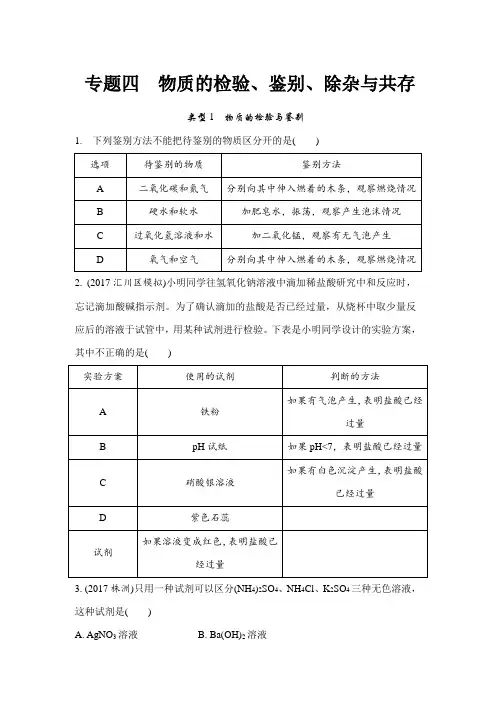 中考化学专题复习物质的检验、鉴别、除杂与共存(word版习题)
